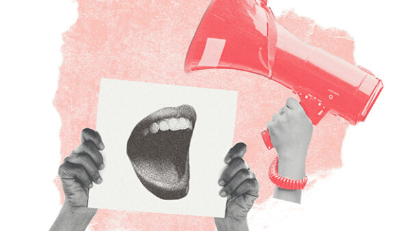 Collage of a megaphone and protest sign