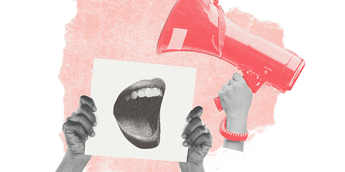 Collage of a megaphone and protest sign