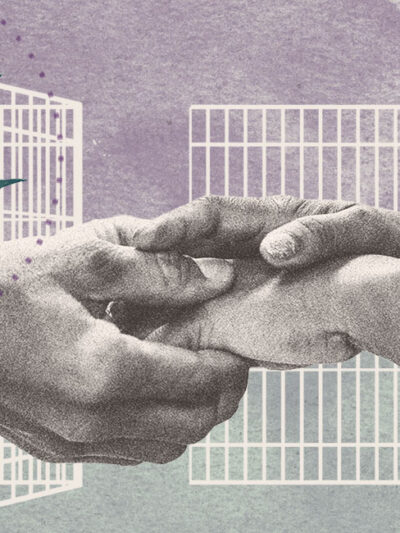 Collage of marijuana leaf, open cell door, and hands holding
