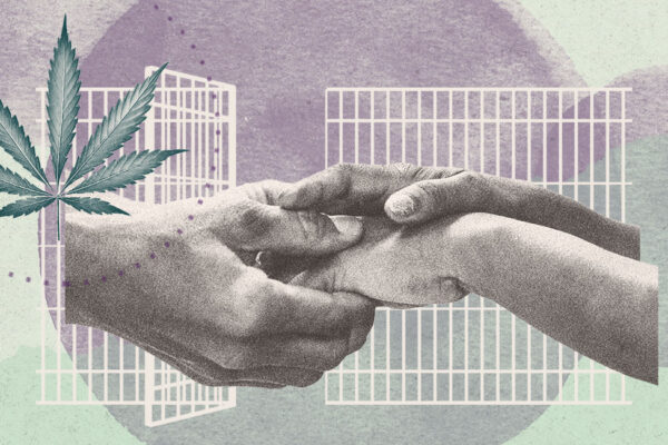 Collage of marijuana leaf, open cell door, and hands holding