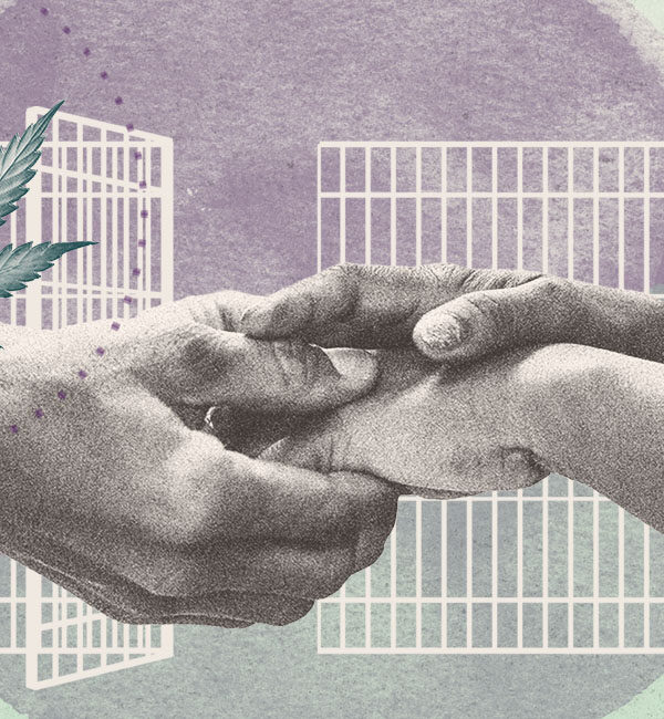 Collage of marijuana leaf, open cell door, and hands holding