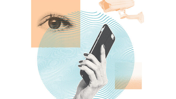 Collage of an eye, a surveillance camera, and a phone