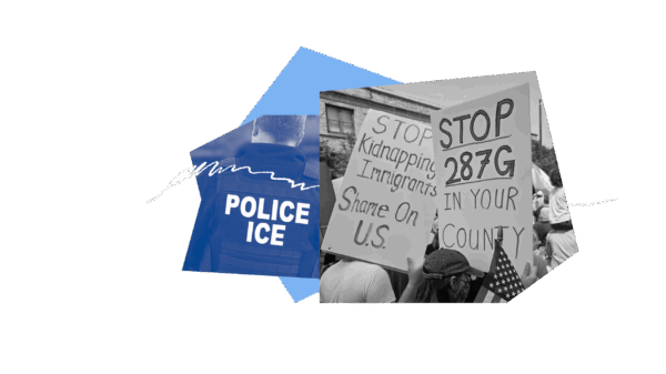 Collage of protest sign reading "Stop 287g in your county" and "Stop Kidnapping Immigrants"