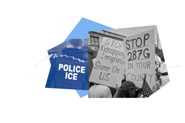 Collage of protest sign reading "Stop 287g in your county" and "Stop Kidnapping Immigrants"
