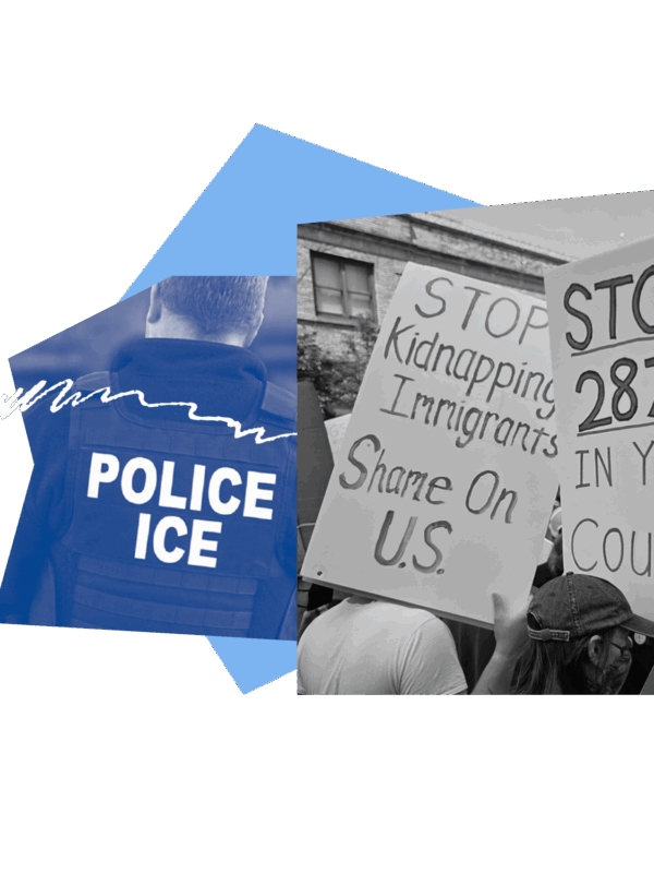 Collage of protest sign reading "Stop 287g in your county" and "Stop Kidnapping Immigrants"