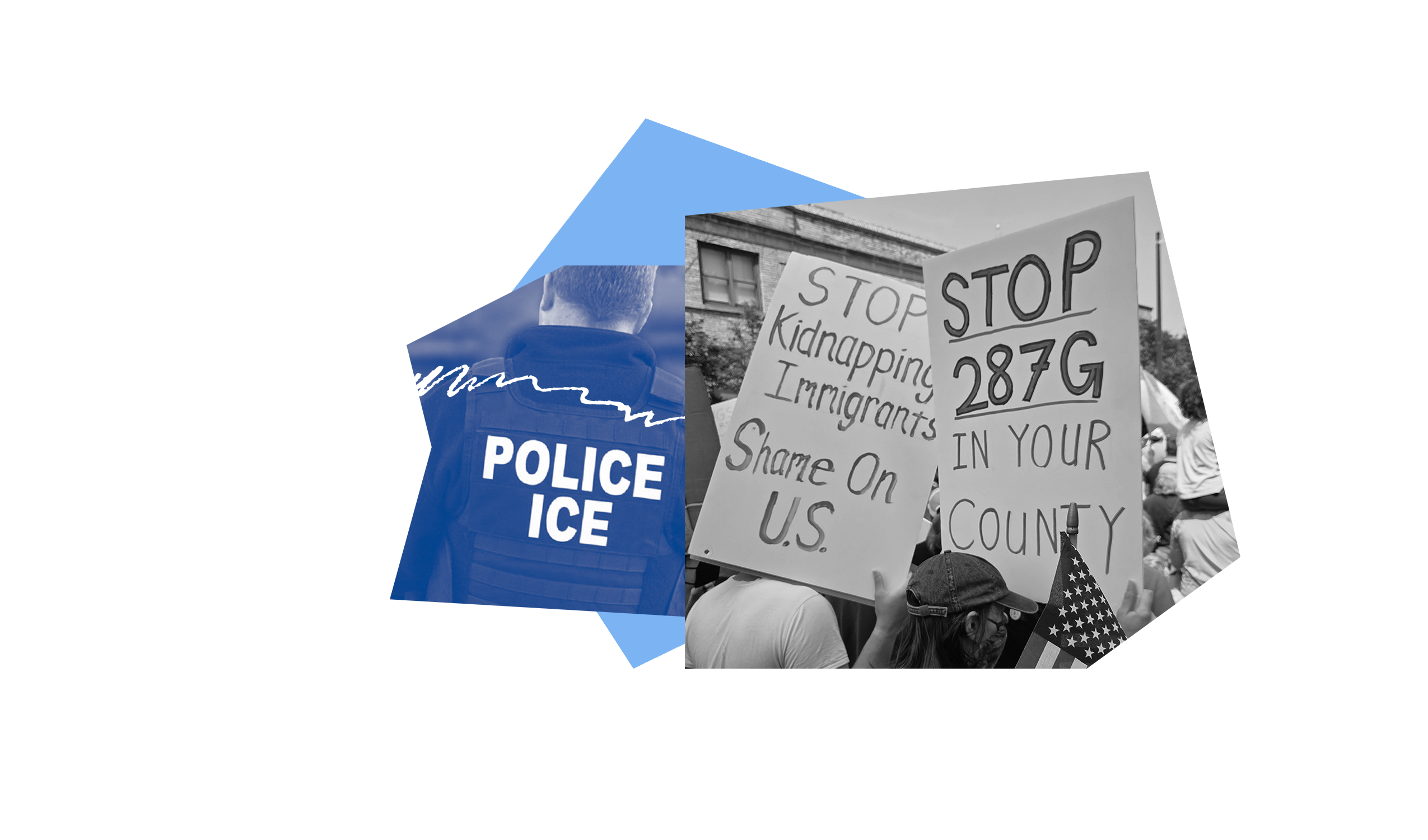 Collage of protest sign reading "Stop 287g in your county" and "Stop Kidnapping Immigrants"