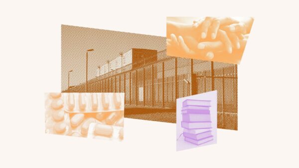 Collage of prison, holding hands, medicine, and books