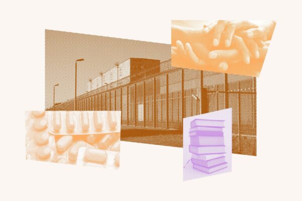 Collage of prison, holding hands, medicine, and books