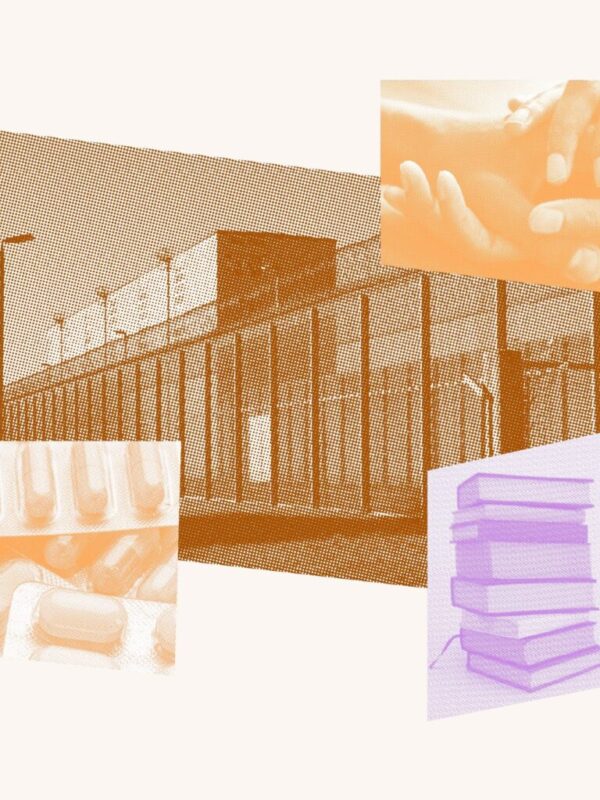 Collage of prison, holding hands, medicine, and books