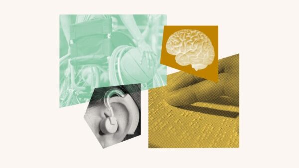 Collage of brain, braille, cochlear implant, and wheelchair