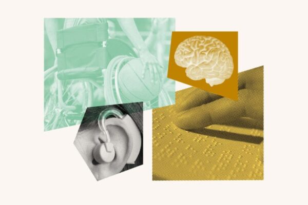 Collage of brain, braille, cochlear implant, and wheelchair