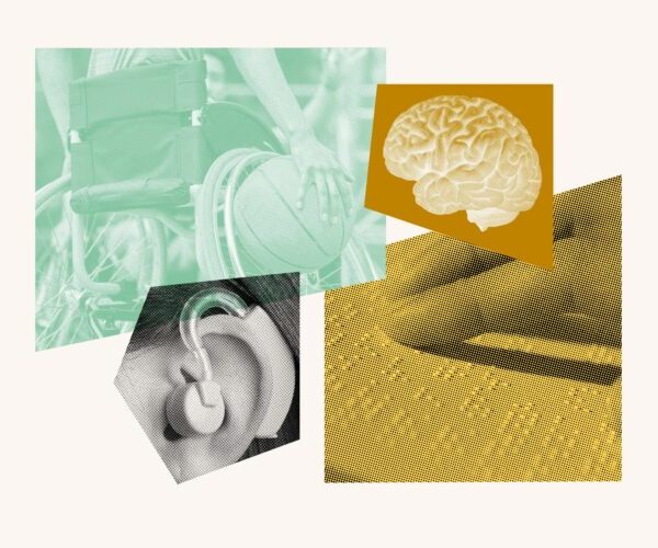 Collage of brain, braille, cochlear implant, and wheelchair