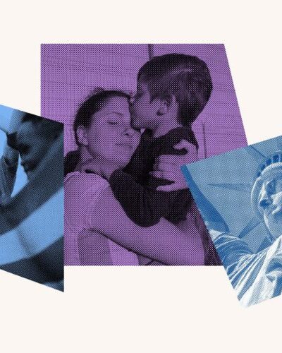 Collage of Statue of Liberty and immigrant families