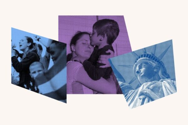 Collage of Statue of Liberty and immigrant families
