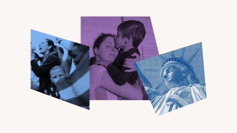 Collage of Statue of Liberty and immigrant families