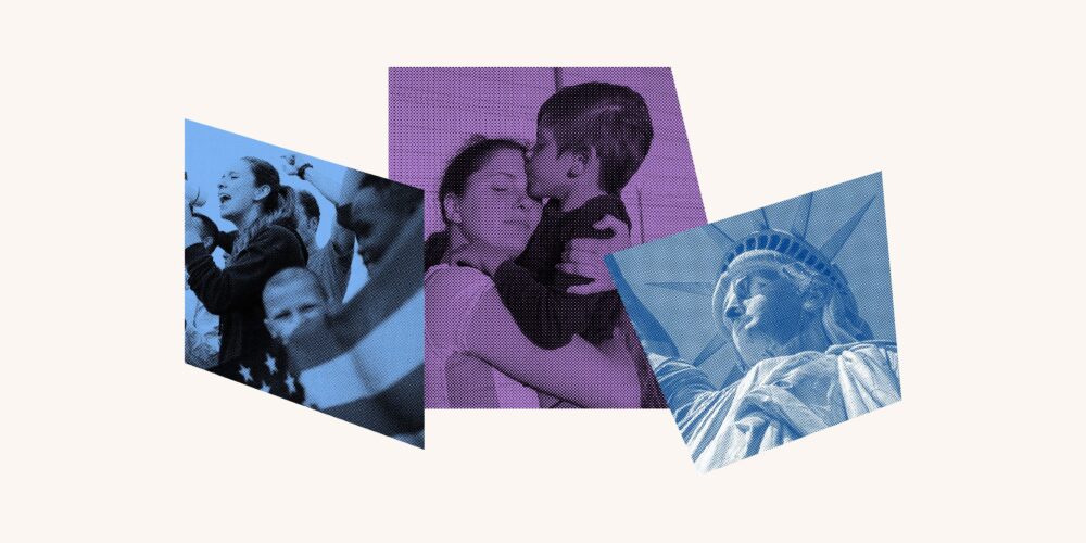 Collage of Statue of Liberty and immigrant families
