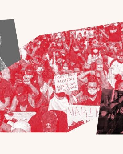 Collage of fist, protest, and police