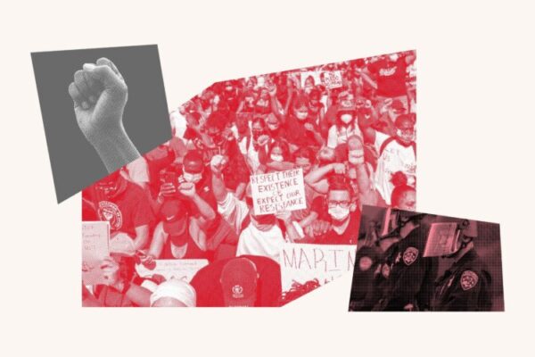Collage of fist, protest, and police