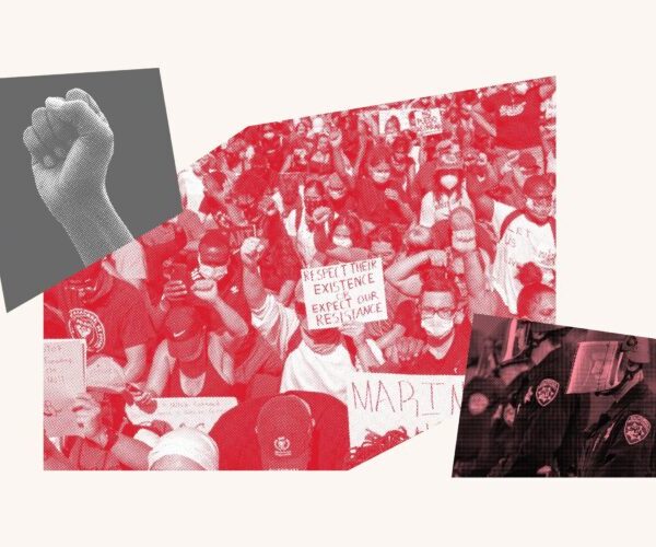 Collage of fist, protest, and police