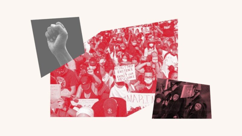 Collage of fist, protest, and police