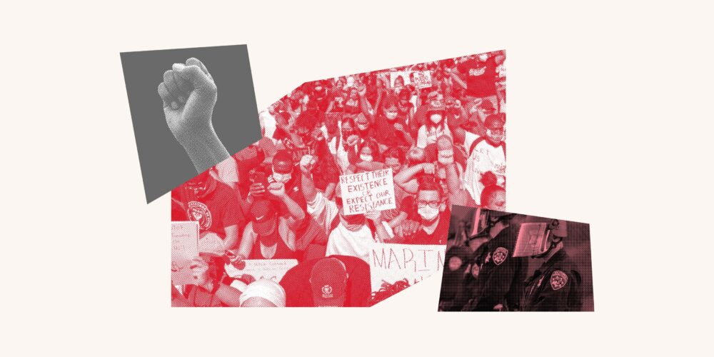 Collage of fist, protest, and police
