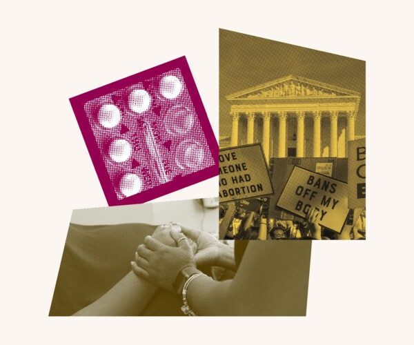 Collage of baby, pills, and abortion protest