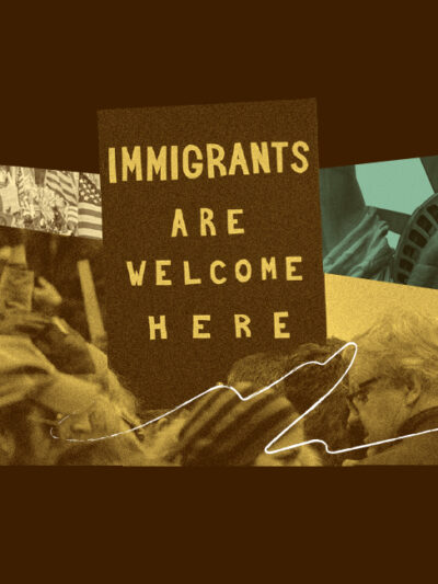 Collage of Statue of Liberty and a protest sign reading "Immigrants are welcome here"