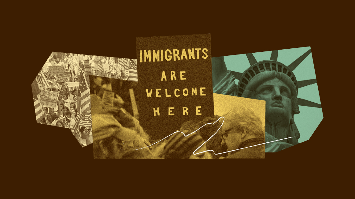 Collage of Statue of Liberty and a protest sign reading "Immigrants are welcome here"