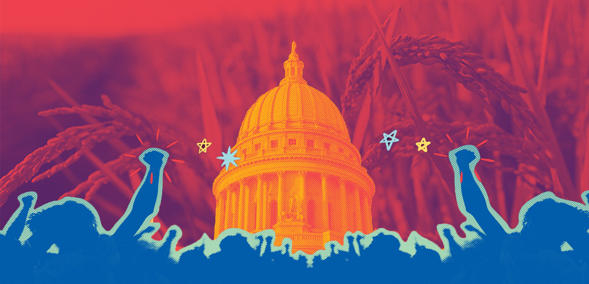 Collage of protesters, the Wisconsin State Capitol, and a wild rice field