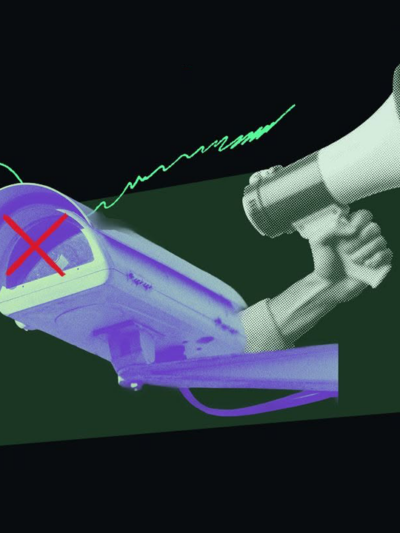 Collage of surveillance camera and megaphone
