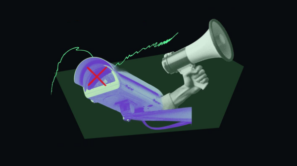 Collage of surveillance camera and megaphone