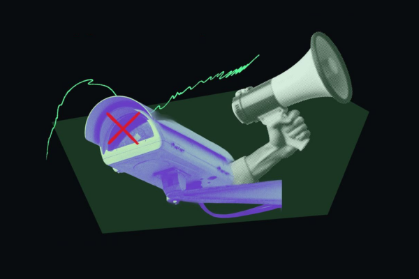 Collage of surveillance camera and megaphone