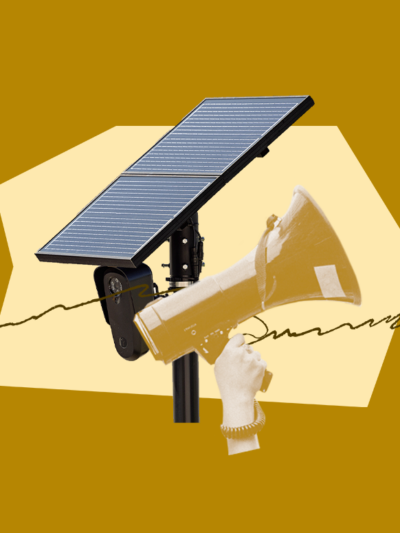 Collage of a megaphone overlapping a Flock camera