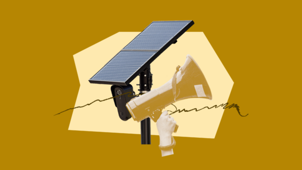 Collage of a megaphone overlapping a Flock camera