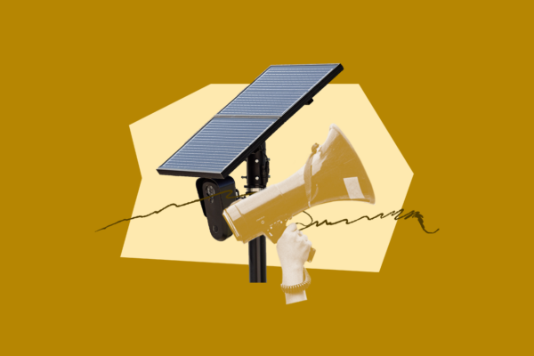 Collage of a megaphone overlapping a Flock camera