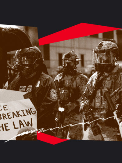 Collage of federal agents and protests against ICE