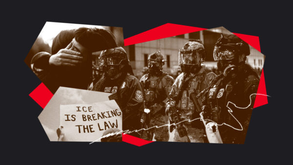 Collage of federal agents and protests against ICE