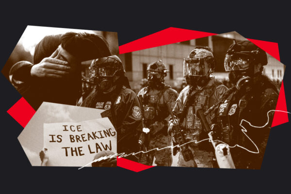Collage of federal agents and protests against ICE