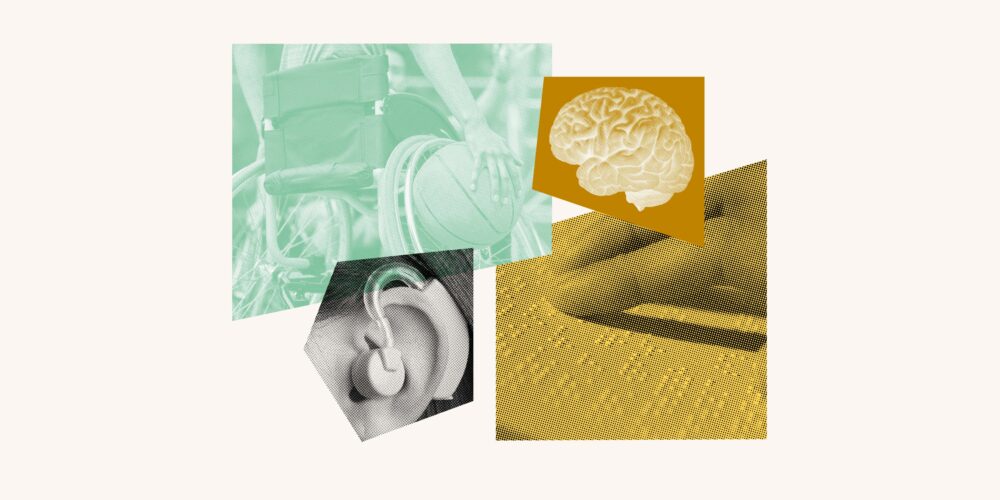 Collage of brain, braille, cochlear implant, and wheelchair