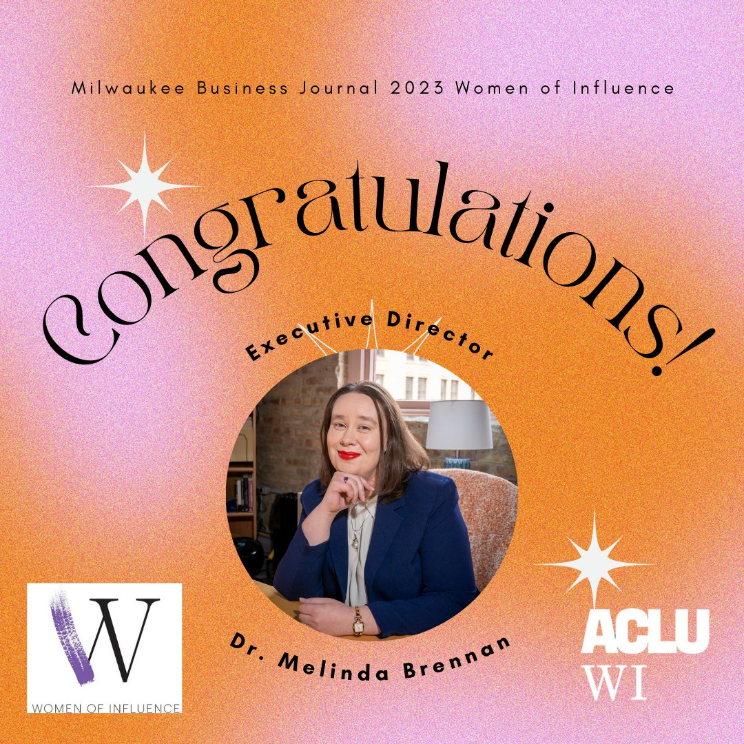 Graphic, on a purple and orange blended background, that reads: Milwaukee Buisness Journal 2023 Women of Influence. Congratulations! Executive Director Dr. Melinda Brennan." It features a headshot of Dr. Brennan.