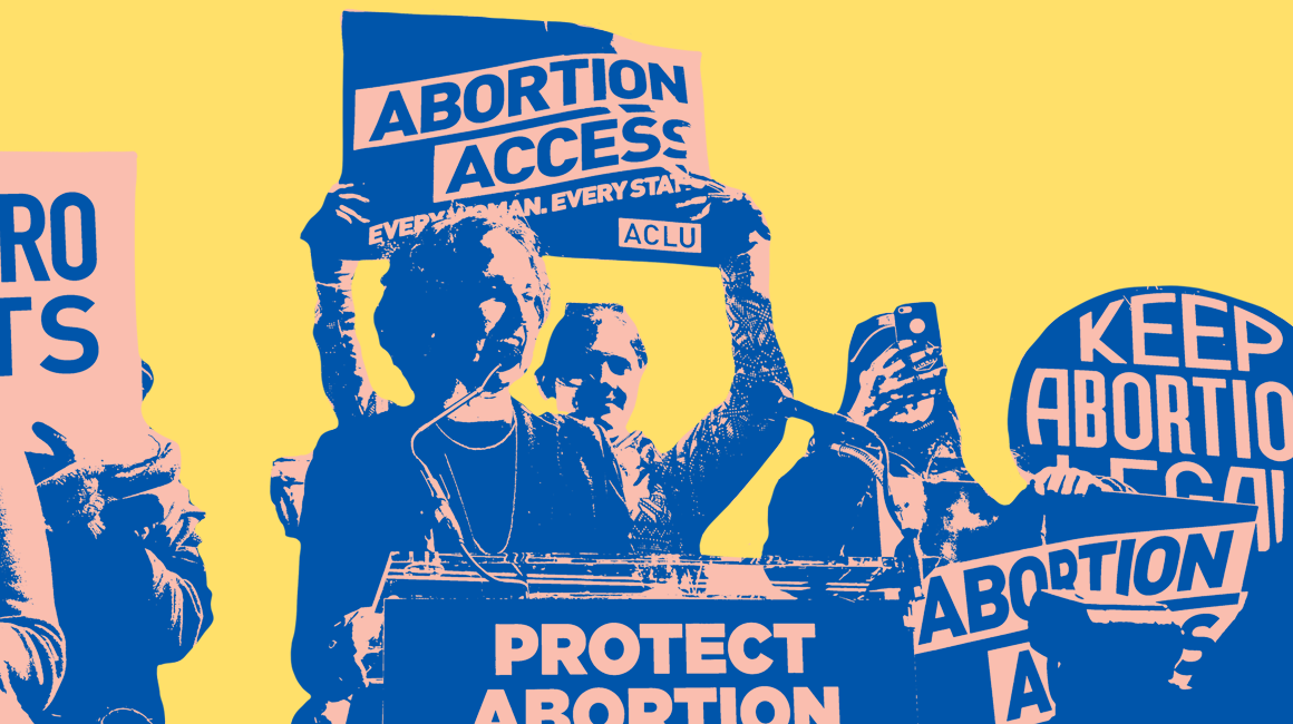 Scene at a protest. Speaker at a podium, with people holding signs that say "Keep abortion legal", "Protect Abortion,"and "Abortion Access"