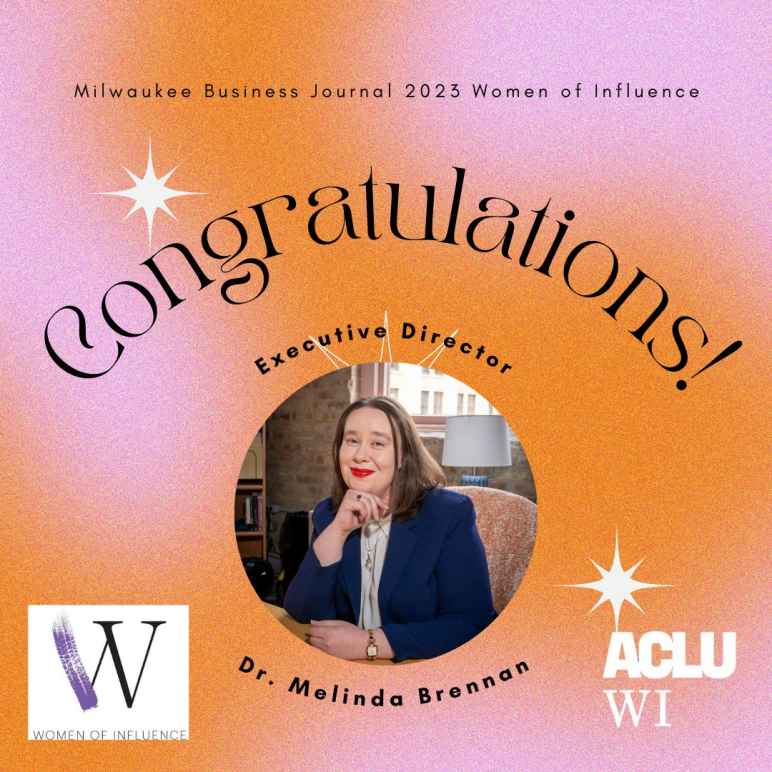 Graphic, on a purple and orange blended background, that reads: Milwaukee Buisness Journal 2023 Women of Influence. Congratulations! Executive Director Dr. Melinda Brennan." It features a headshot of Dr. Brennan.  