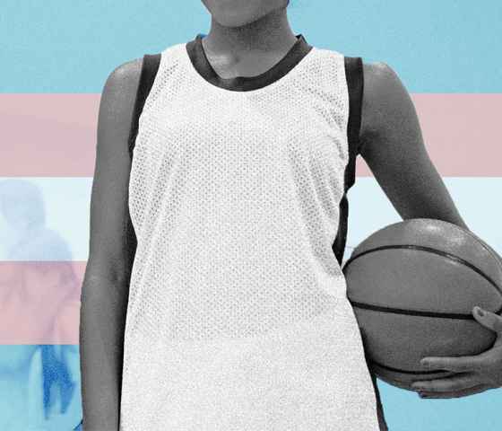 Basketball player in front of trans flag