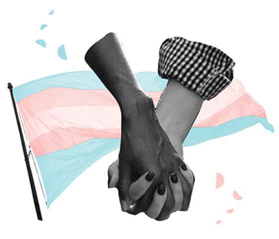 Hands holding in front of trans flag